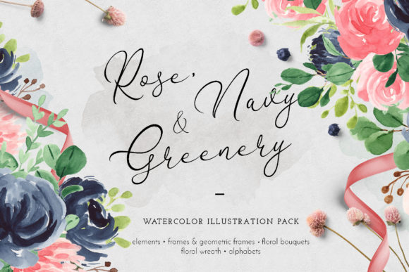 Rose, Navy Greenery Illustrations for Elegant Blog & Editorial Design